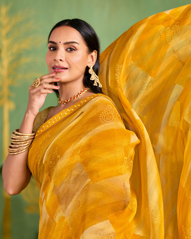 Vishal Prints Yellow Ochre Printed Chiffon Saree With Fancy Embroidery Border