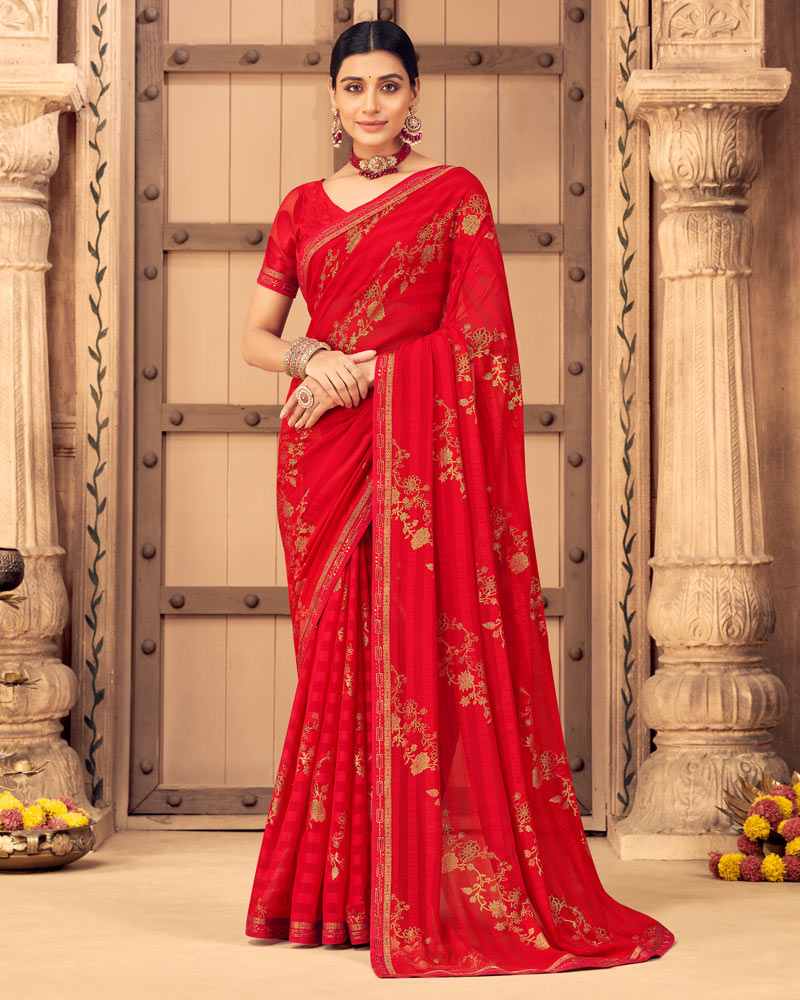 Vishal Prints Red Patterned Georgette Saree With Foil Print And Border