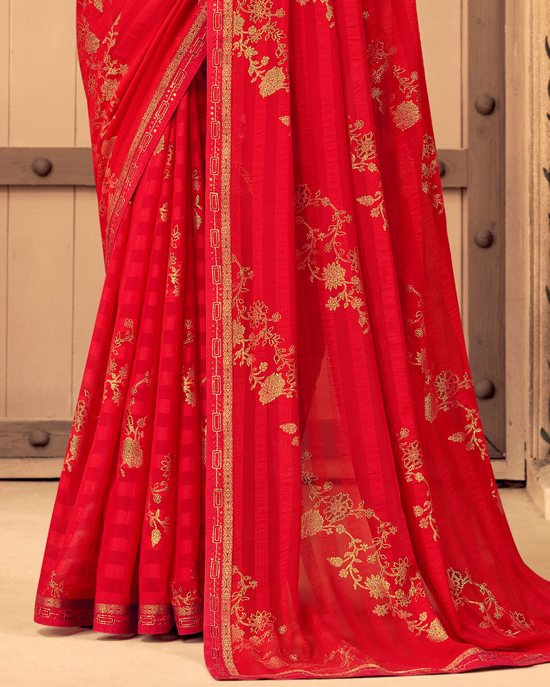 Vishal Prints Red Patterned Georgette Saree With Foil Print And Border