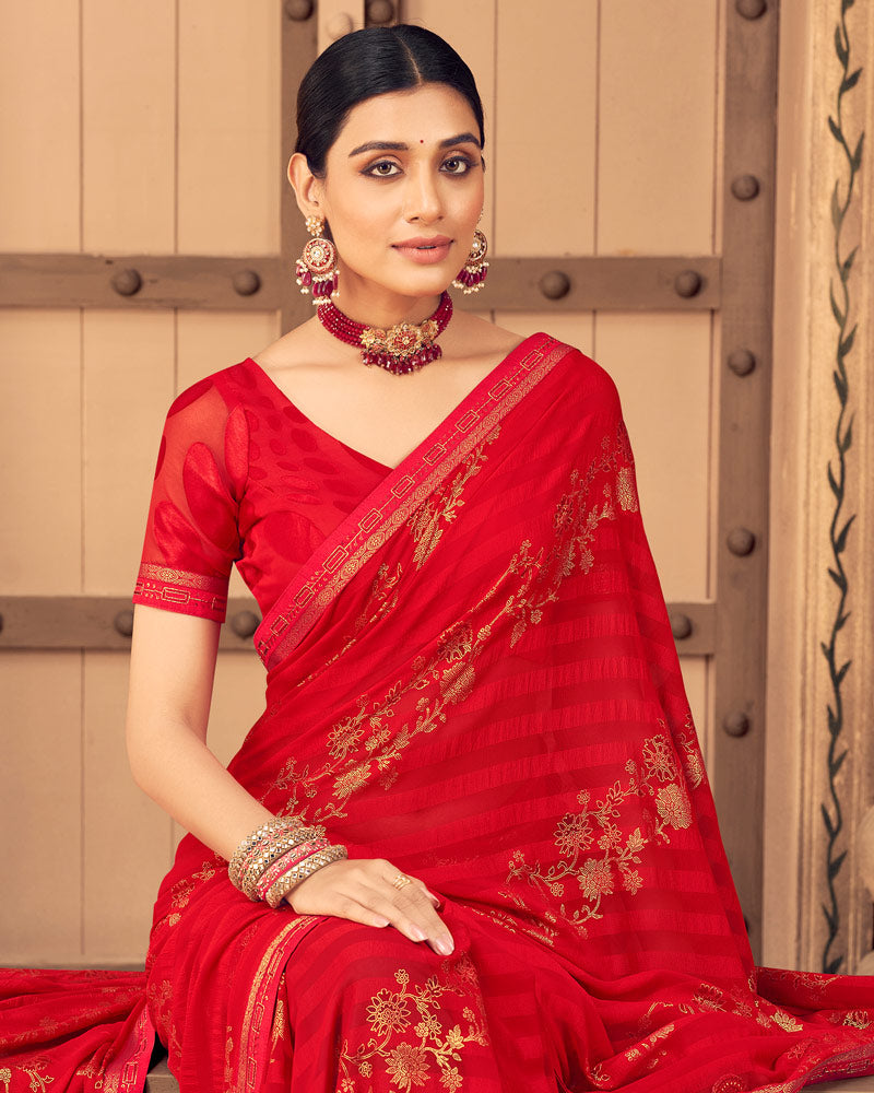 Vishal Prints Red Patterned Georgette Saree With Foil Print And Border