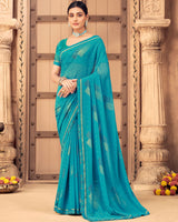 Vishal Prints Dark Turquoise Blue Patterned Georgette Saree With Foil Print And Border