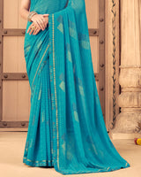 Vishal Prints Dark Turquoise Blue Patterned Georgette Saree With Foil Print And Border