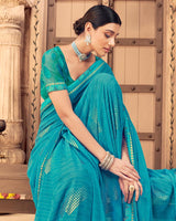 Vishal Prints Dark Turquoise Blue Patterned Georgette Saree With Foil Print And Border