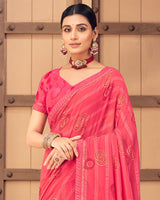 Vishal Prints Red Pink Patterned Georgette Saree With Foil Print And Border