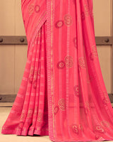 Vishal Prints Red Pink Patterned Georgette Saree With Foil Print And Border
