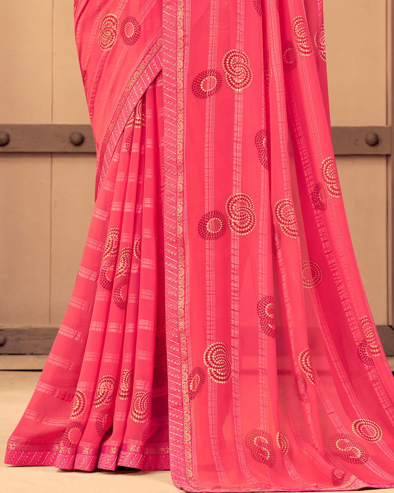 Vishal Prints Red Pink Patterned Georgette Saree With Foil Print And Border
