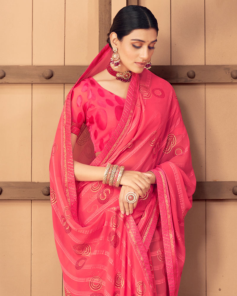 Vishal Prints Red Pink Patterned Georgette Saree With Foil Print And Border