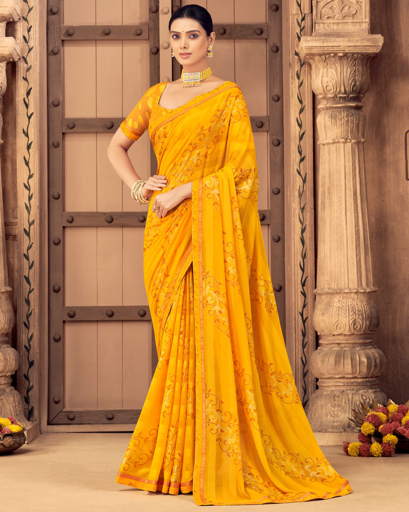 Vishal Prints Dark Yellow Patterned Georgette Saree With Foil Print And Border