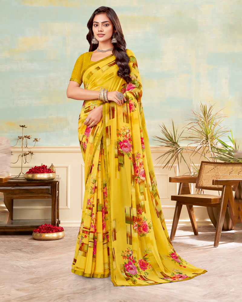 Vishal Prints Mustard Yellow Printed Georgette Saree With Satin Piping
