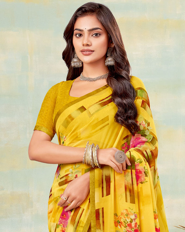 Vishal Prints Mustard Yellow Printed Georgette Saree With Satin Piping