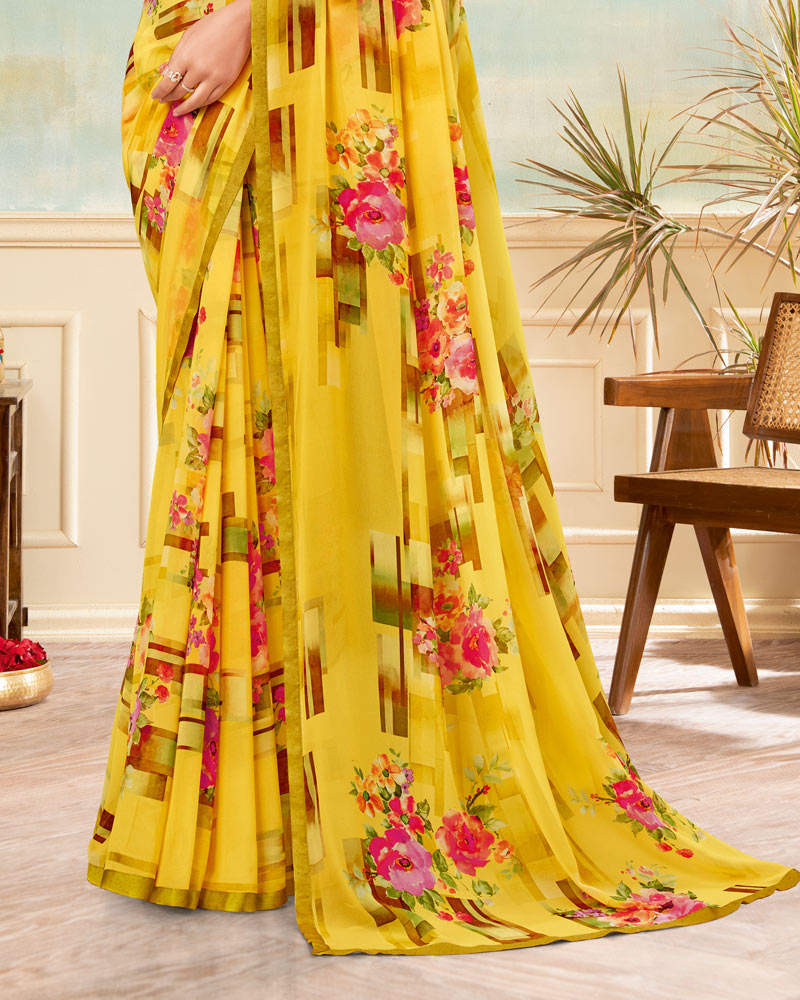Vishal Prints Mustard Yellow Printed Georgette Saree With Satin Piping