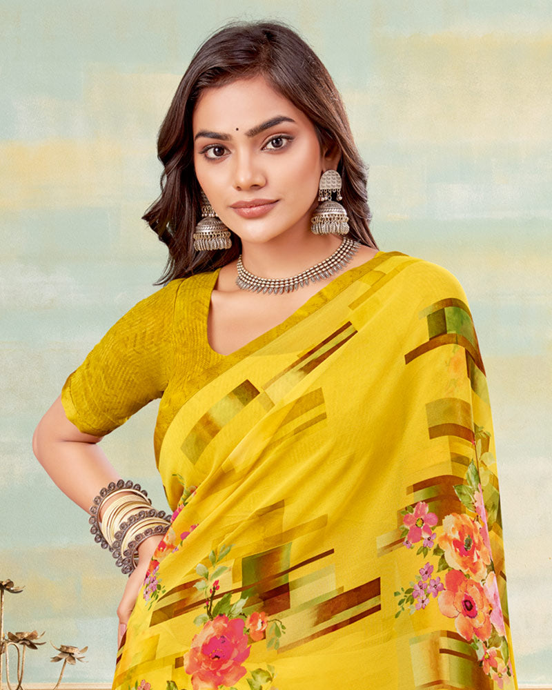 Vishal Prints Mustard Yellow Printed Georgette Saree With Satin Piping