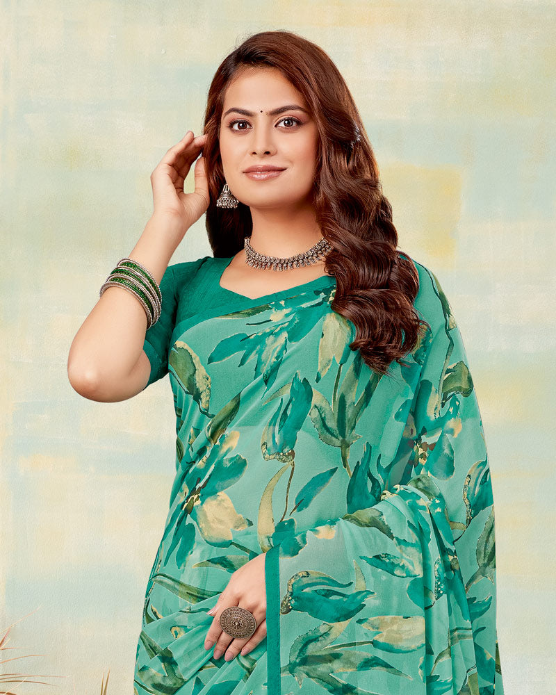 Vishal Prints Summer Green Printed Georgette Saree With Satin Piping