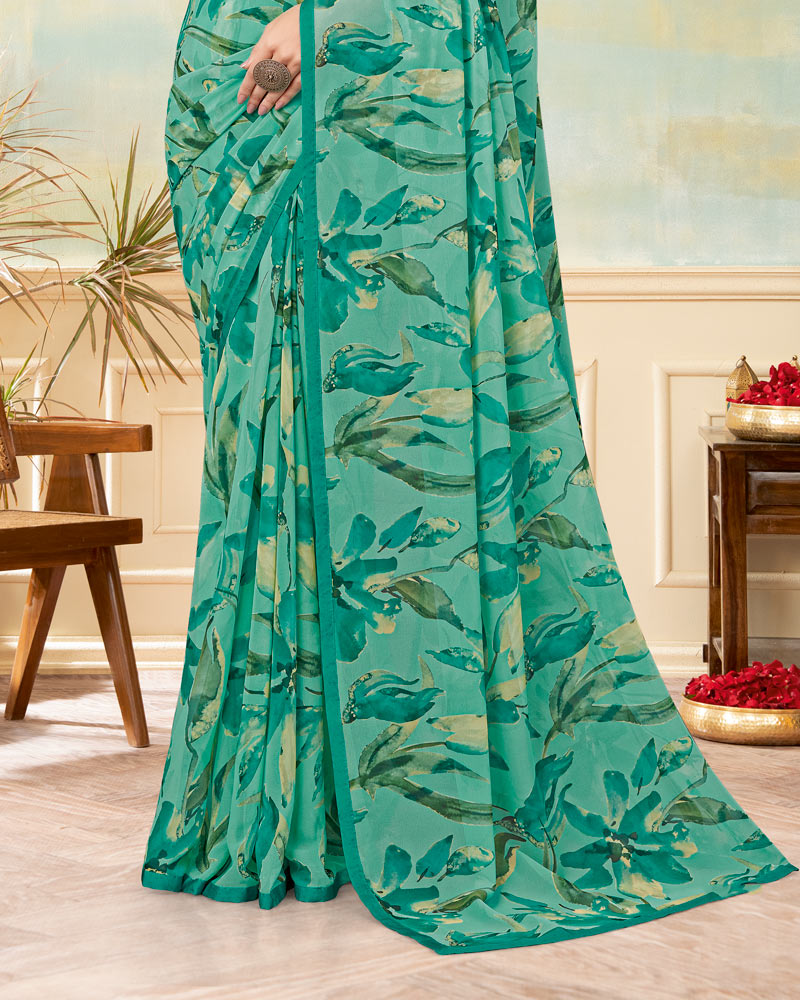 Vishal Prints Summer Green Printed Georgette Saree With Satin Piping