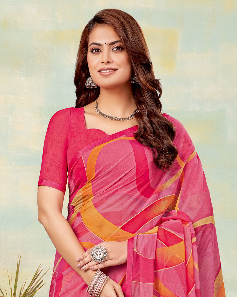 Vishal Prints Deep Blush Pink Printed Georgette Saree With Satin Piping