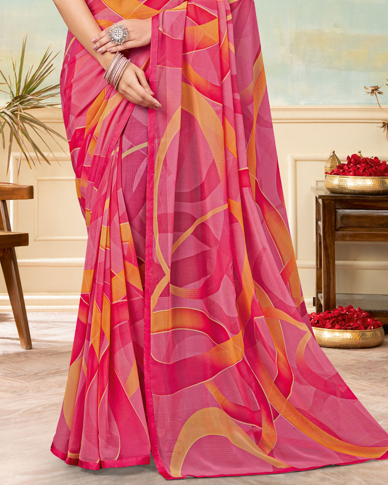 Vishal Prints Deep Blush Pink Printed Georgette Saree With Satin Piping