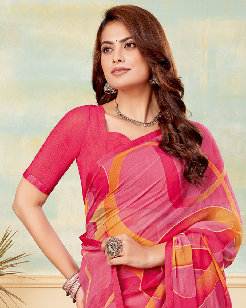 Vishal Prints Deep Blush Pink Printed Georgette Saree With Satin Piping