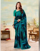 Vishal Prints Persian Green And Smokey Black Printed Georgette Saree With Satin Piping