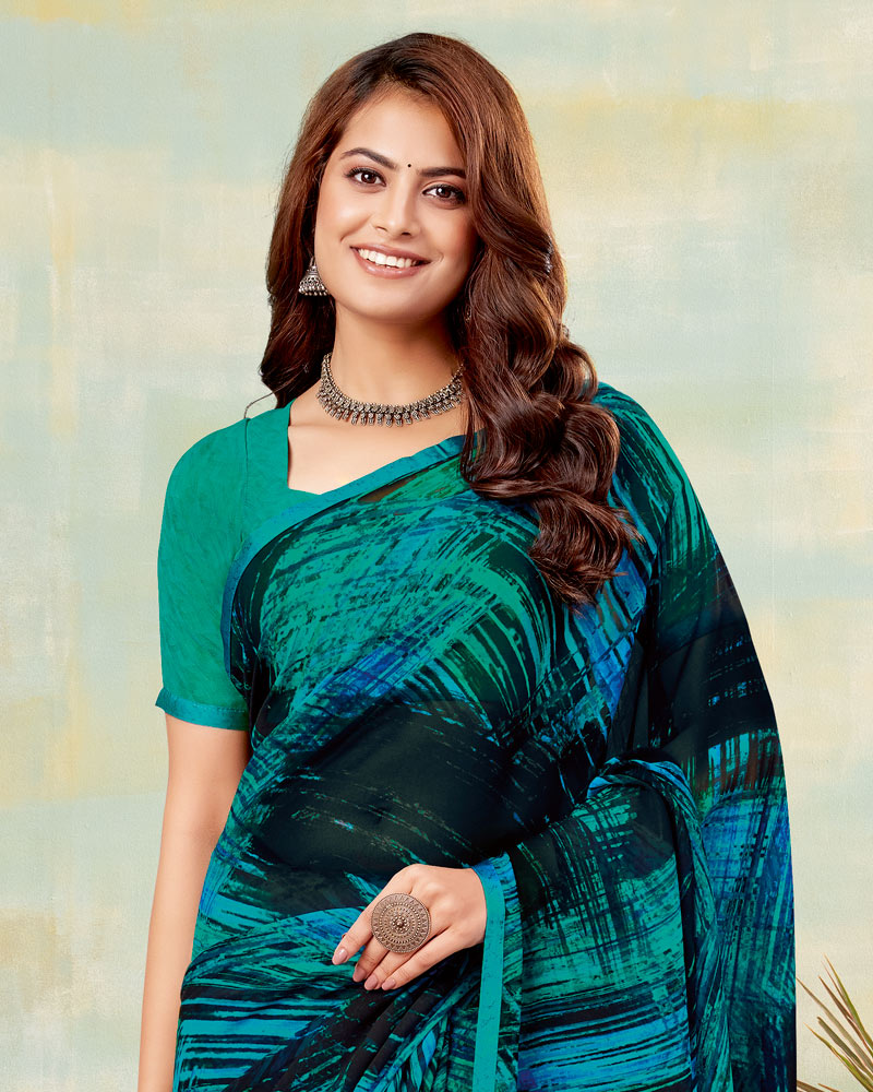 Vishal Prints Persian Green And Smokey Black Printed Georgette Saree With Satin Piping