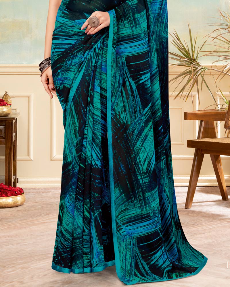 Vishal Prints Persian Green And Smokey Black Printed Georgette Saree With Satin Piping