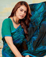 Vishal Prints Persian Green And Smokey Black Printed Georgette Saree With Satin Piping