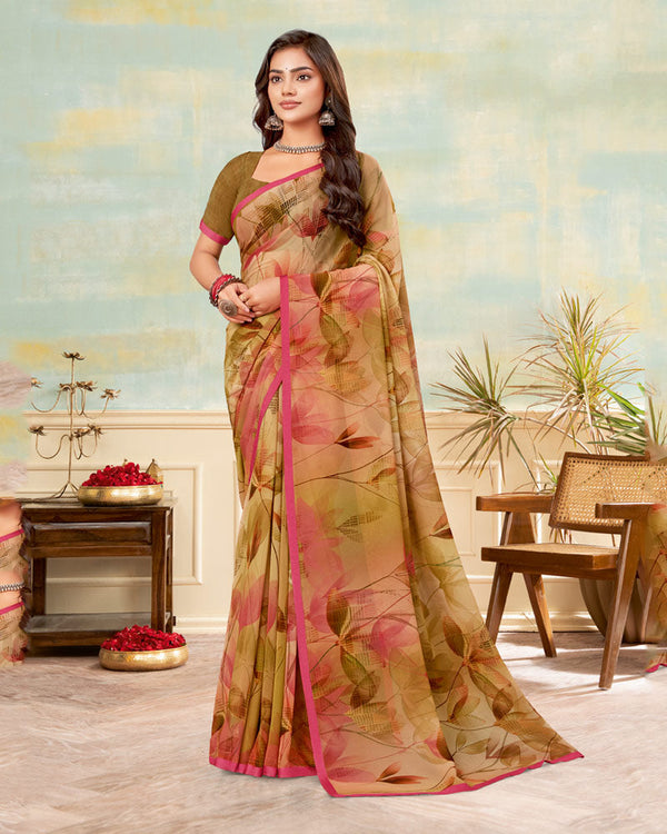 Vishal Prints Persian Orange Printed Georgette Saree With Satin Piping