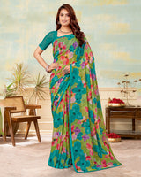 Vishal Prints Teal Green Printed Georgette Saree With Satin Piping