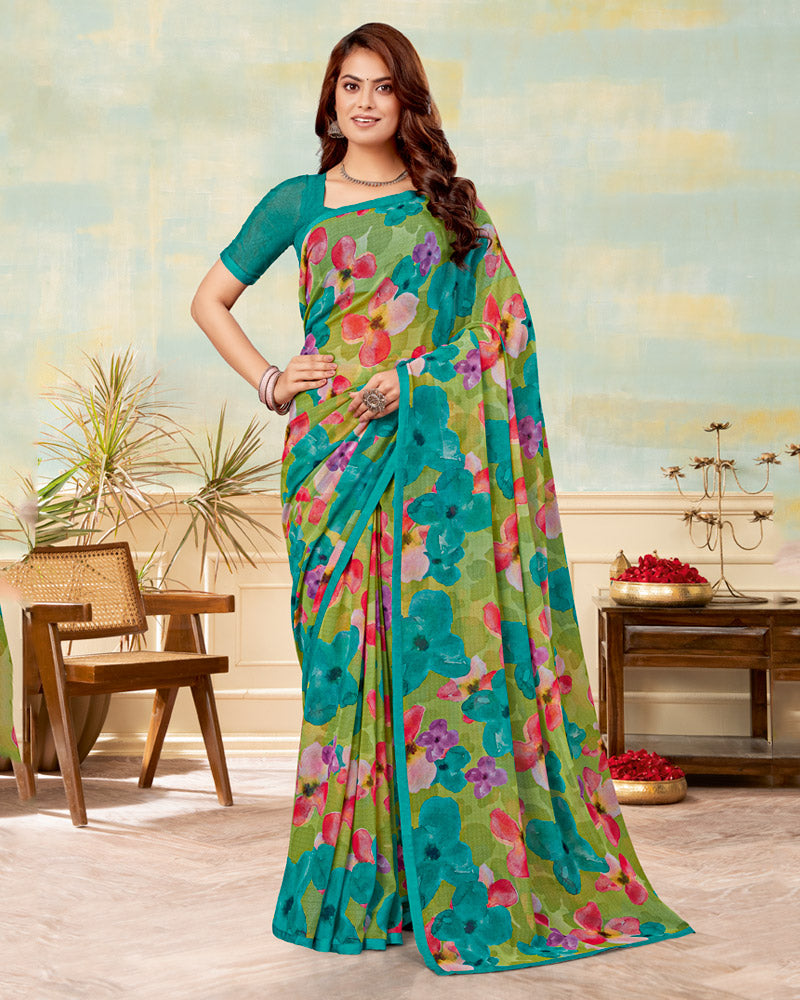 Vishal Prints Teal Green Printed Georgette Saree With Satin Piping