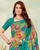 Vishal Prints Teal Green Printed Georgette Saree With Satin Piping