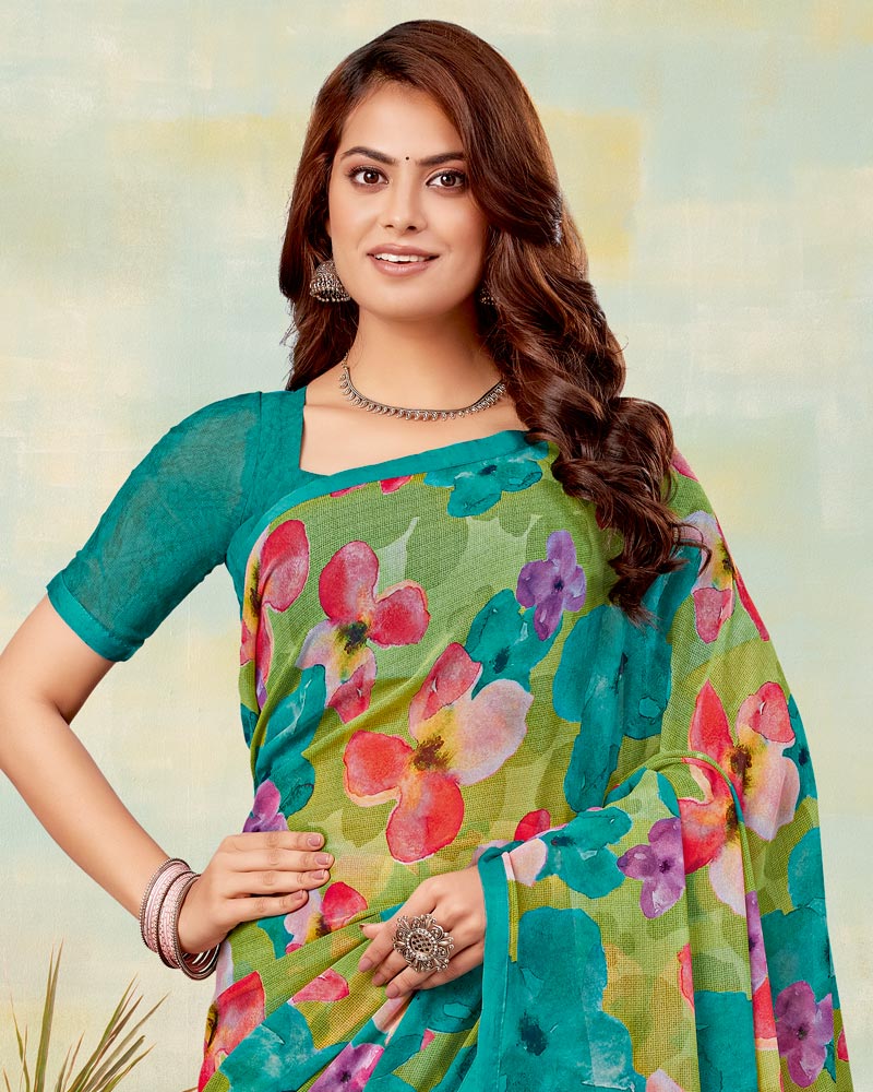 Vishal Prints Teal Green Printed Georgette Saree With Satin Piping