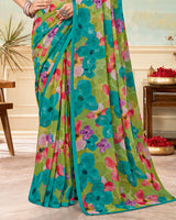 Vishal Prints Teal Green Printed Georgette Saree With Satin Piping