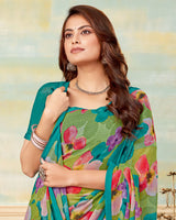 Vishal Prints Teal Green Printed Georgette Saree With Satin Piping