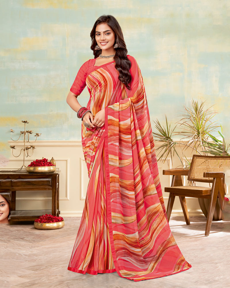 Vishal Prints Pastel Red Printed Georgette Saree With Satin Piping