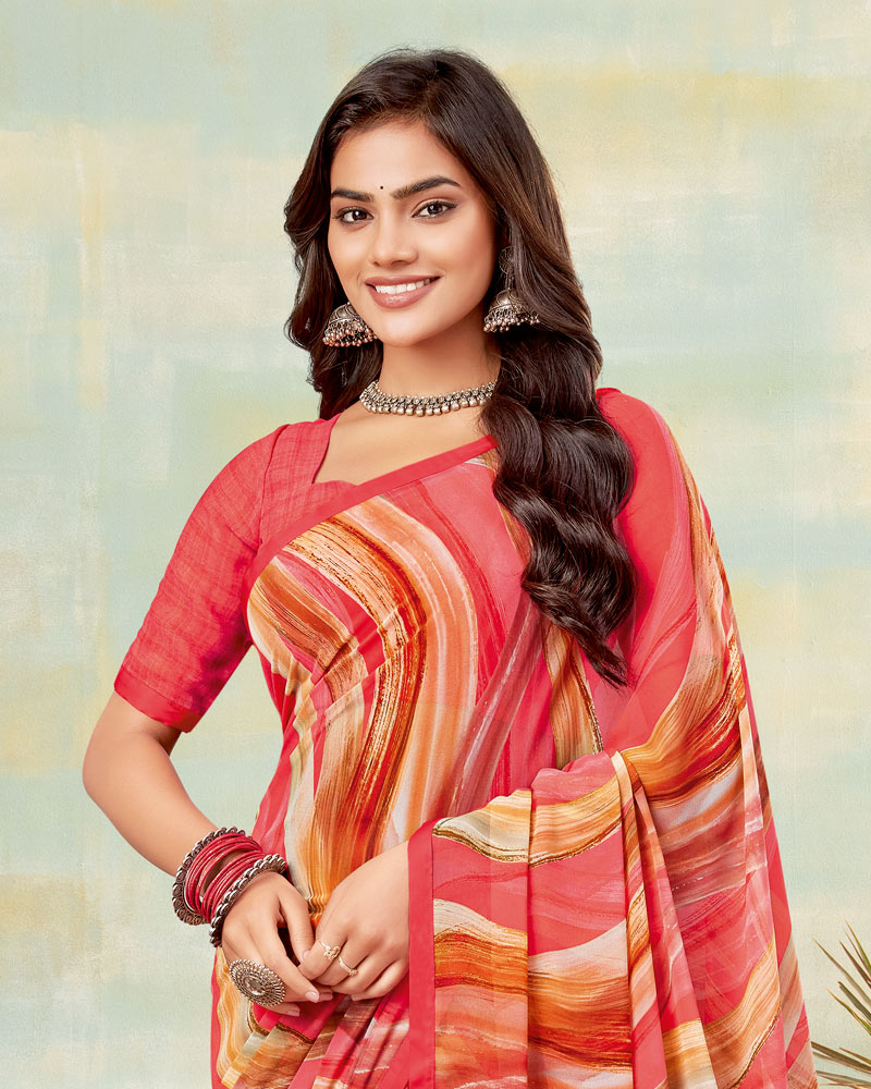 Vishal Prints Pastel Red Printed Georgette Saree With Satin Piping