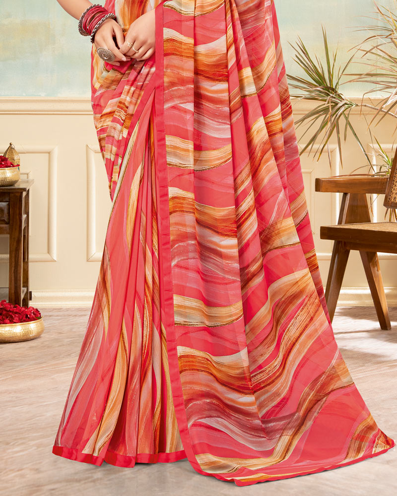 Vishal Prints Pastel Red Printed Georgette Saree With Satin Piping
