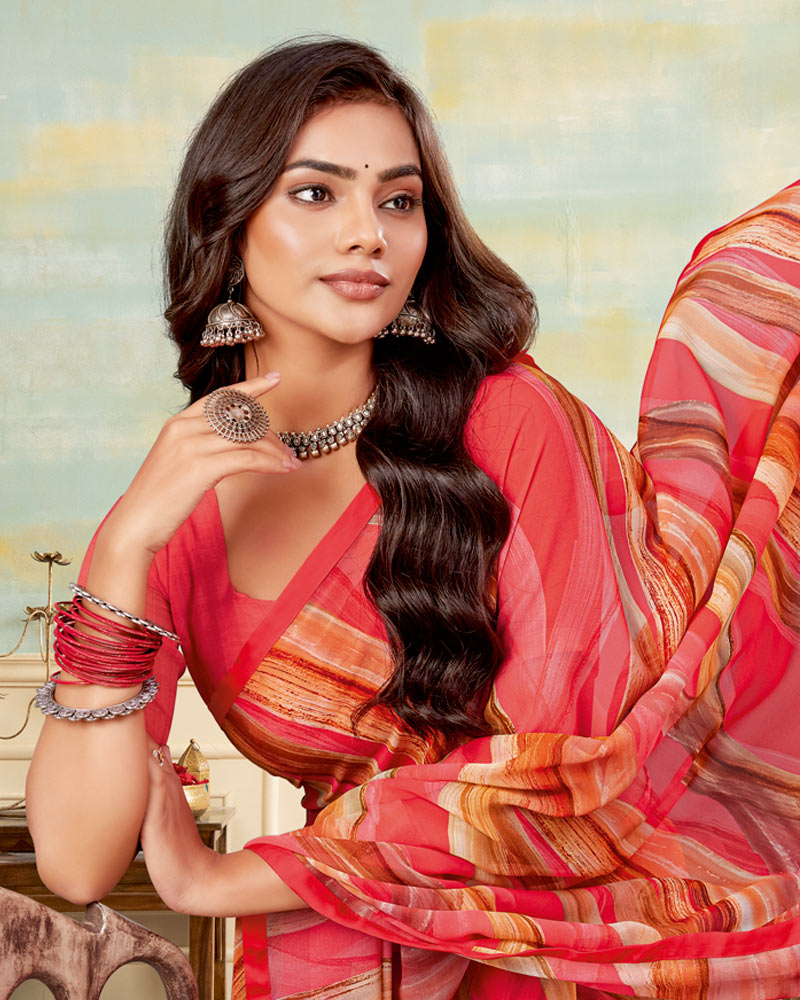 Vishal Prints Pastel Red Printed Georgette Saree With Satin Piping