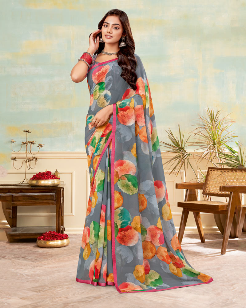 Vishal Prints Oslo Grey Printed Georgette Saree With Satin Piping