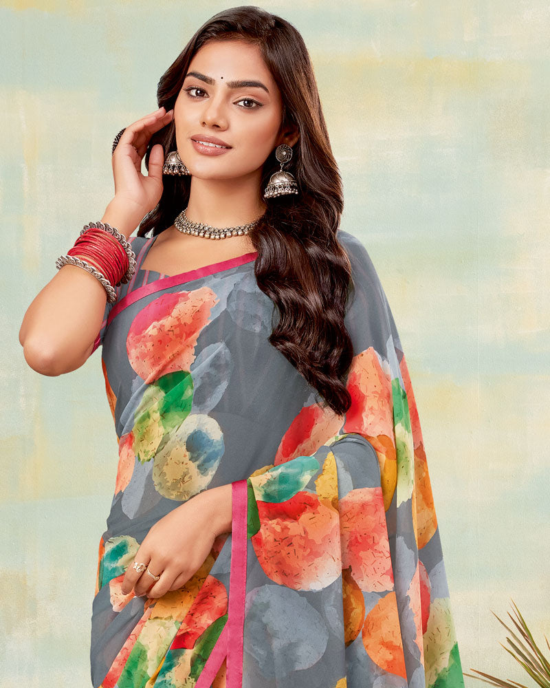 Vishal Prints Oslo Grey Printed Georgette Saree With Satin Piping
