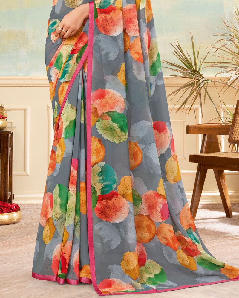 Vishal Prints Oslo Grey Printed Georgette Saree With Satin Piping