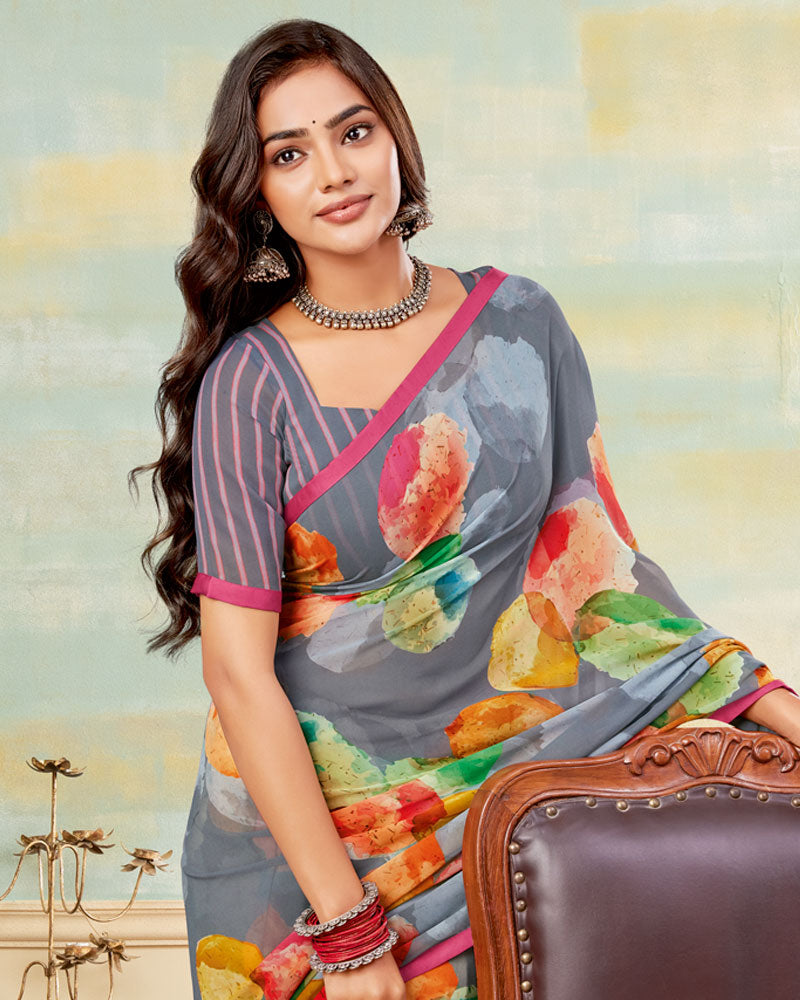 Vishal Prints Oslo Grey Printed Georgette Saree With Satin Piping