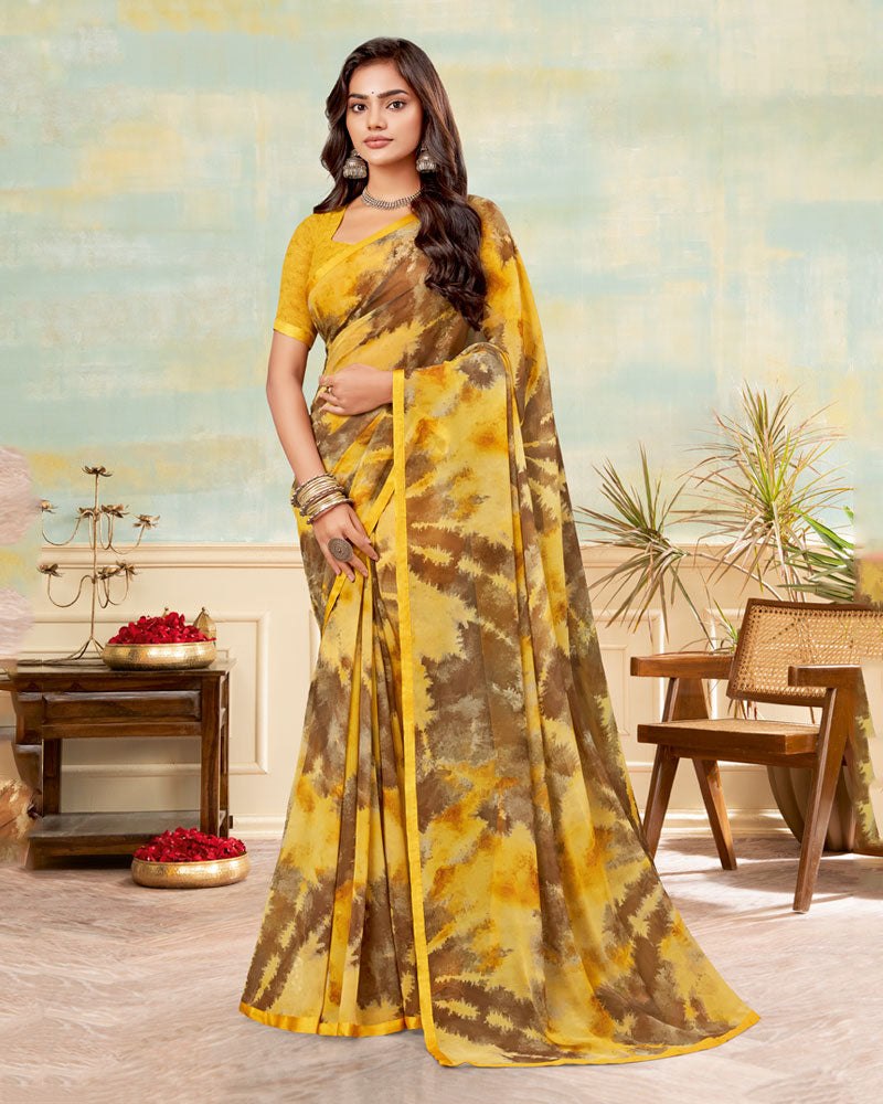 Vishal Prints Tulip Yellow Printed Georgette Saree With Satin Piping