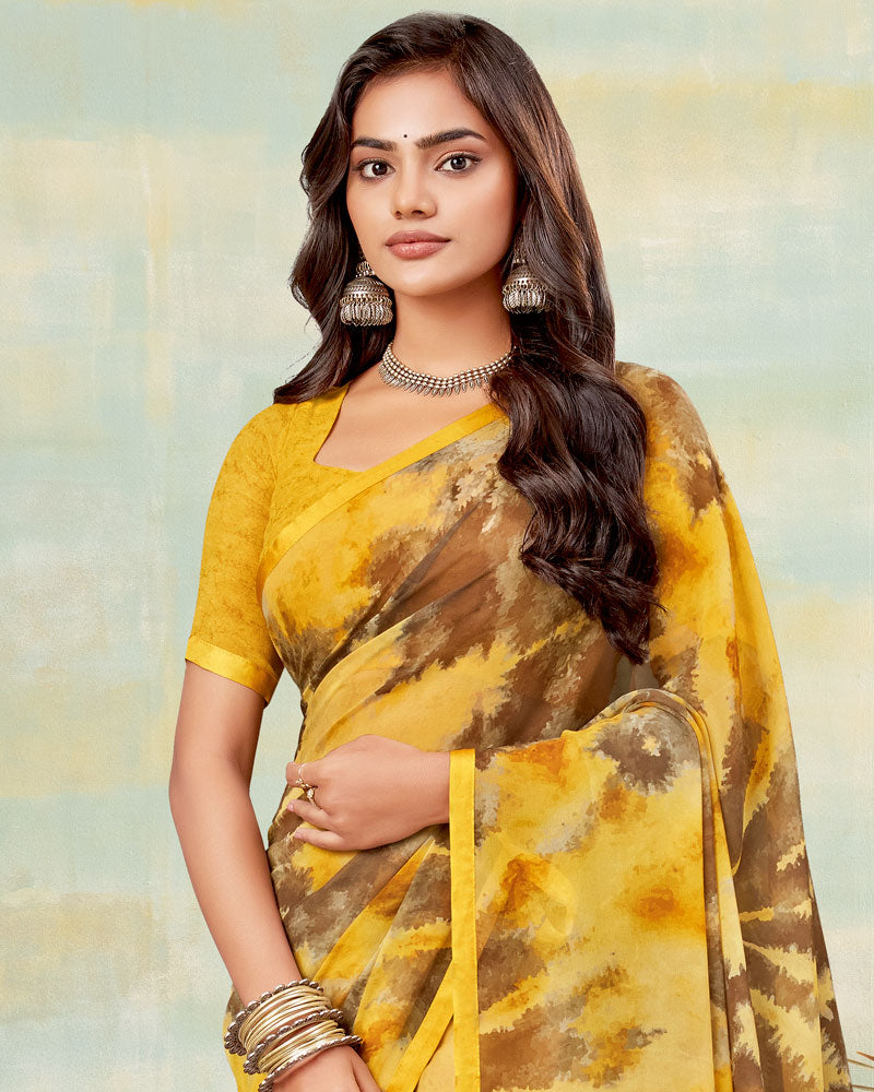 Vishal Prints Tulip Yellow Printed Georgette Saree With Satin Piping