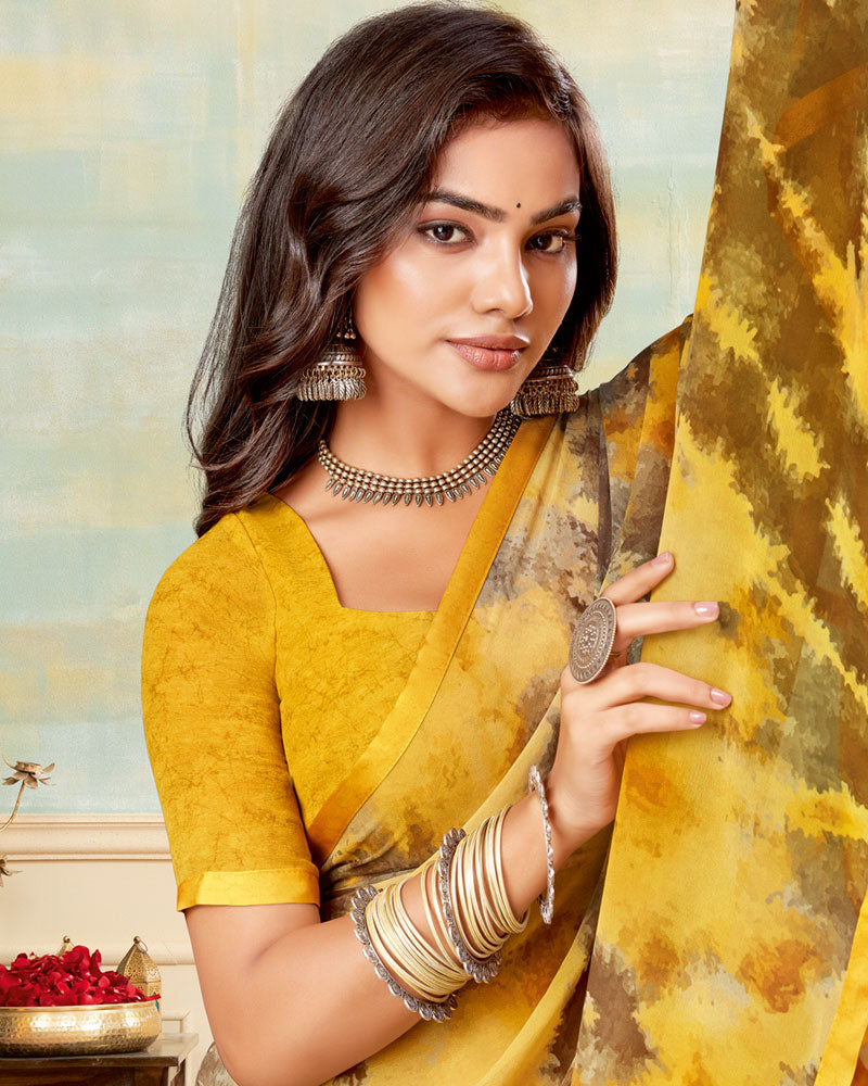 Vishal Prints Tulip Yellow Printed Georgette Saree With Satin Piping