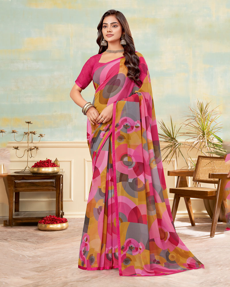 Vishal Prints Burnt Pink And Storm Grey Printed Georgette Saree With Satin Piping