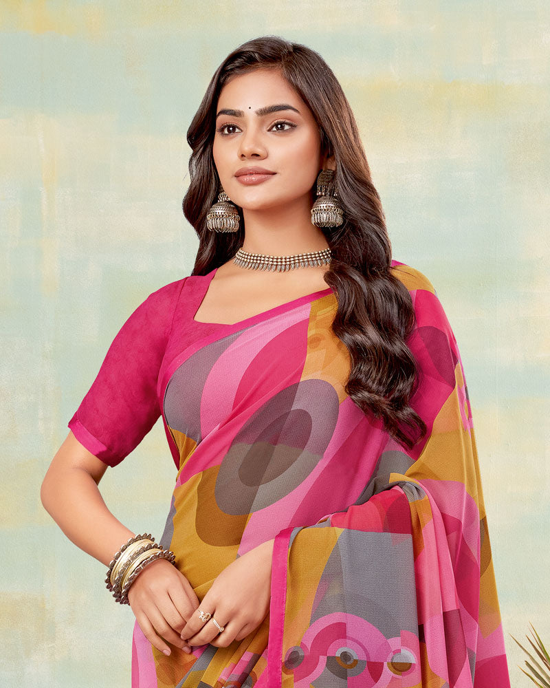 Vishal Prints Burnt Pink And Storm Grey Printed Georgette Saree With Satin Piping