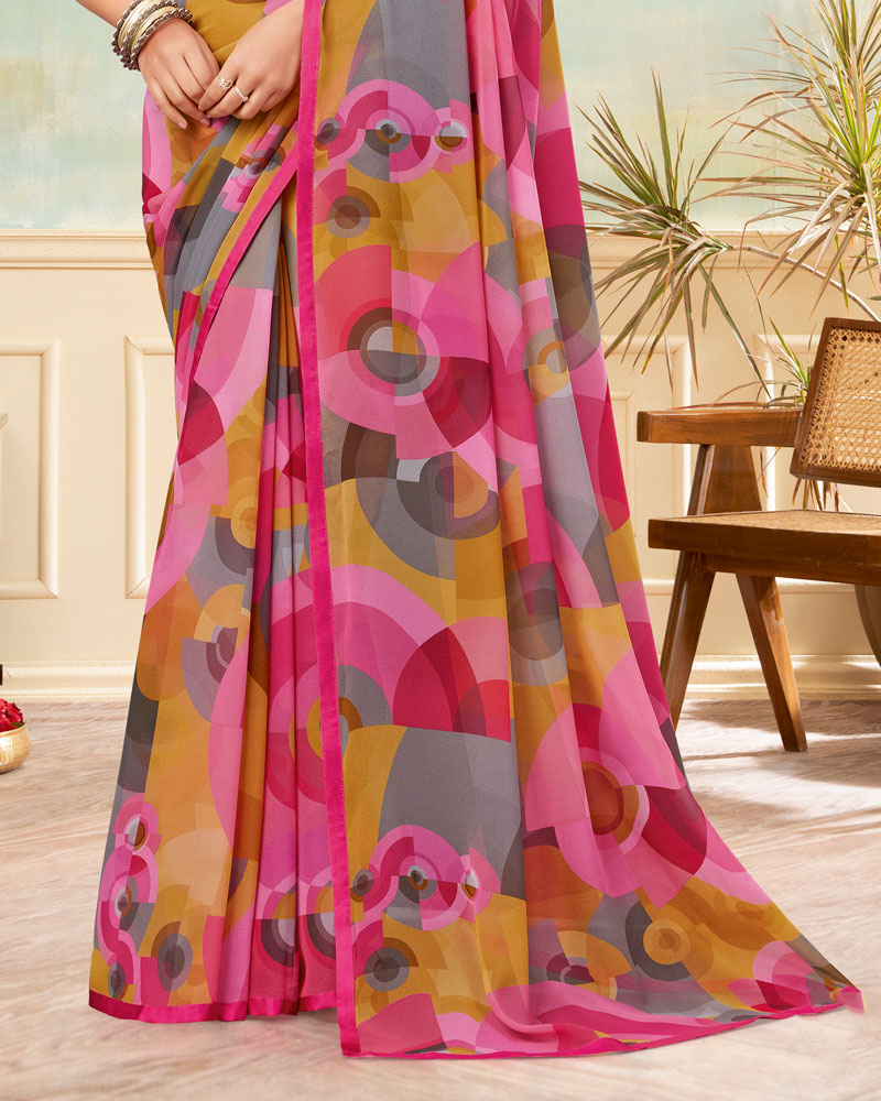 Vishal Prints Burnt Pink And Storm Grey Printed Georgette Saree With Satin Piping