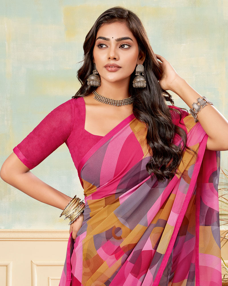 Vishal Prints Burnt Pink And Storm Grey Printed Georgette Saree With Satin Piping