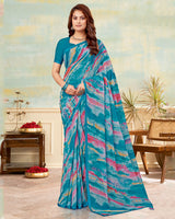 Vishal Prints Deep Aqua Blue Printed Georgette Saree With Satin Piping