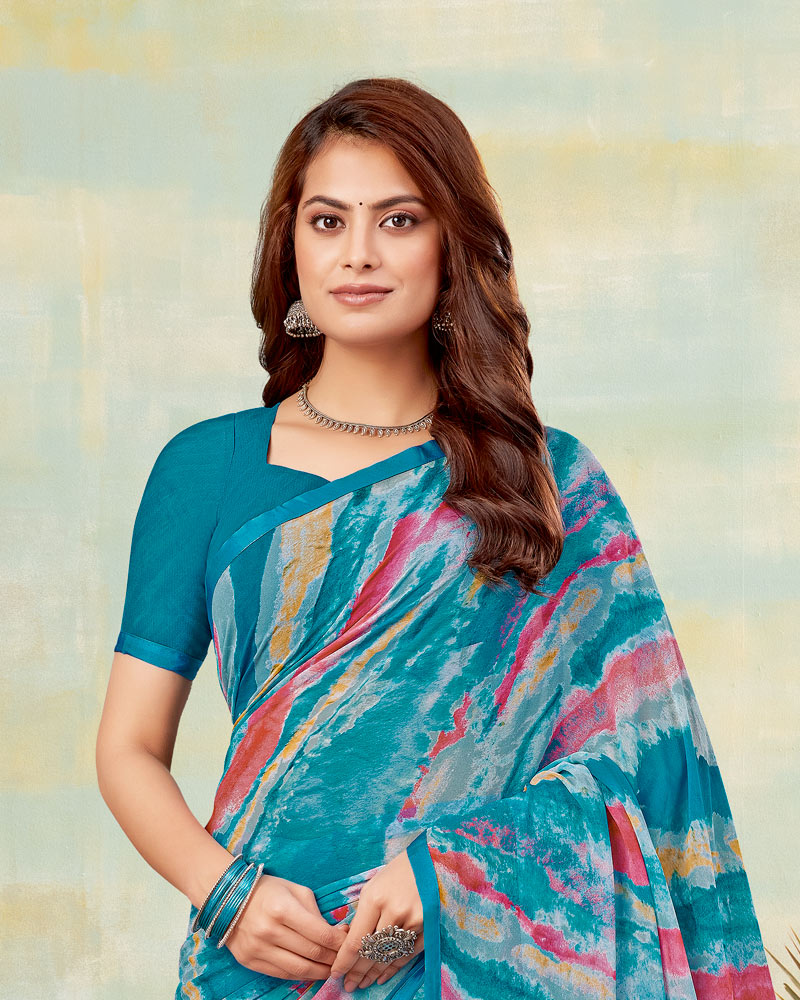 Vishal Prints Deep Aqua Blue Printed Georgette Saree With Satin Piping