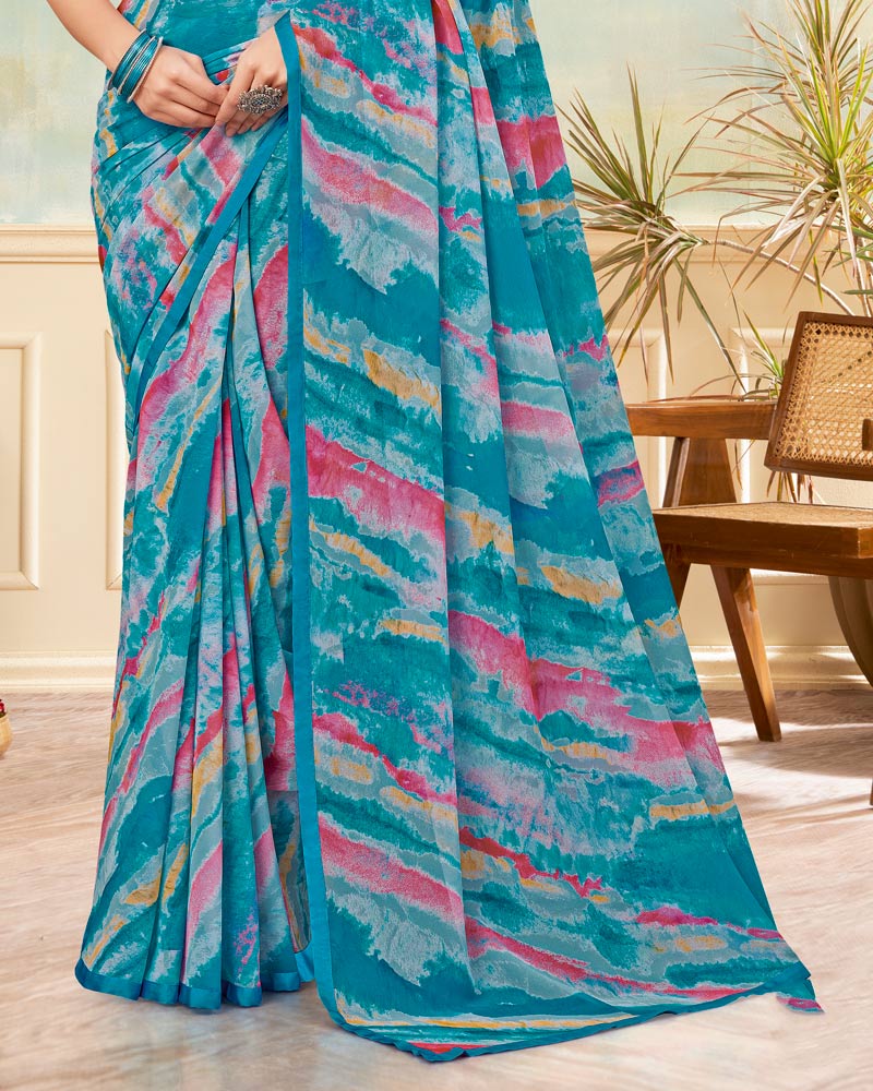 Vishal Prints Deep Aqua Blue Printed Georgette Saree With Satin Piping